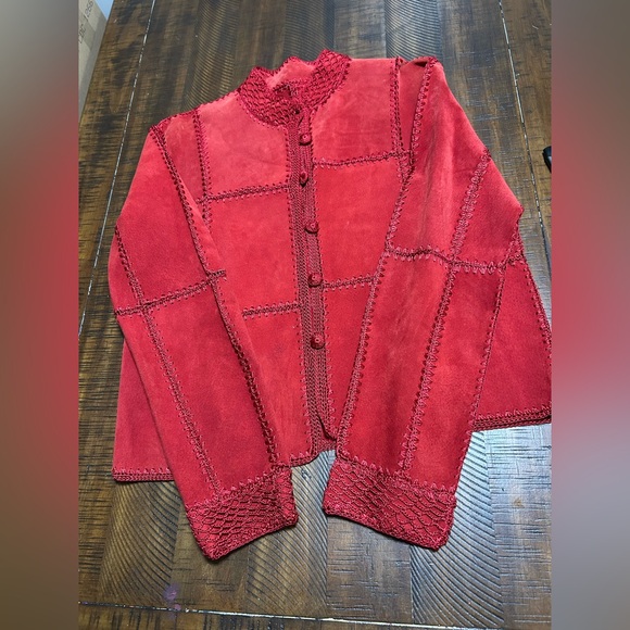 Jackets & Blazers - Red Suede Patchwork Women's Jacket